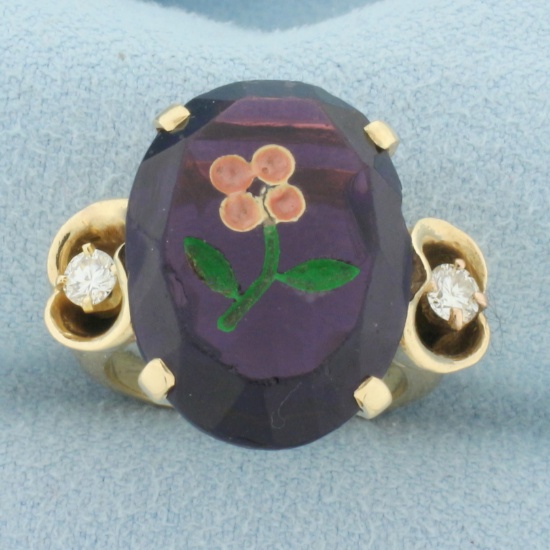 Hand Painted Amethyst And Diamond Flower Ring In 14k Yellow Gold