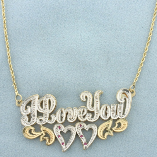 Diamond And Pink Sapphire "i Love You" Heart Necklace In 14k Yellow And White Gold