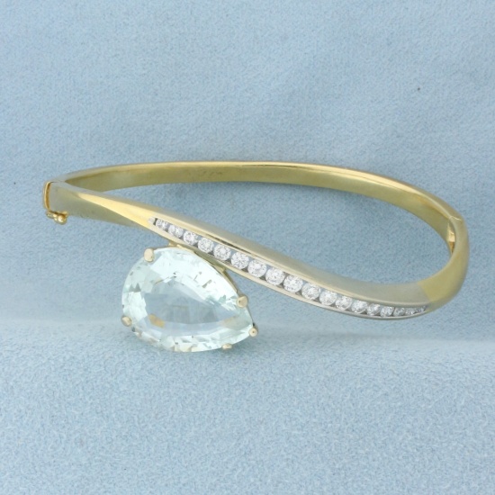 Aquamarine And Diamond Hinged Bangle Bracelet In 18k Yellow Gold