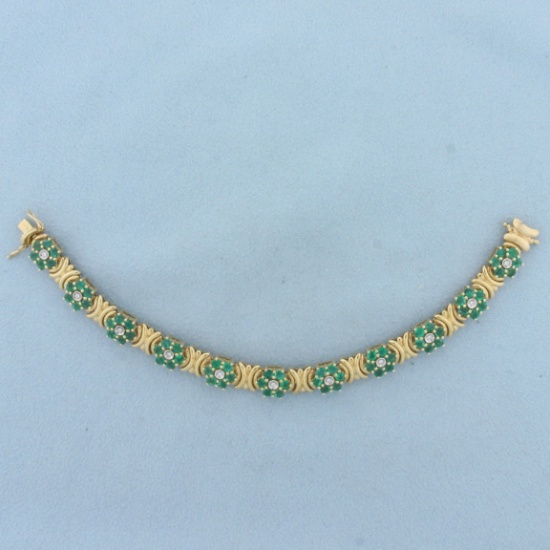 Vintage Emerald And Diamond Flower Design Bracelet In 14k Yellow Gold