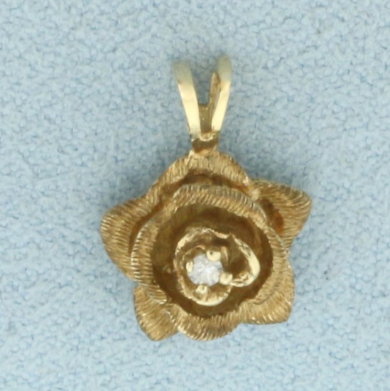 Diamond Rose Flower Pendant In 14k Yellow Gold