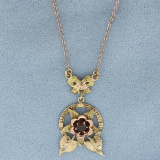 Vintage Lavalier Garnet Flower Necklace In 14k And 10k Yellow Gold