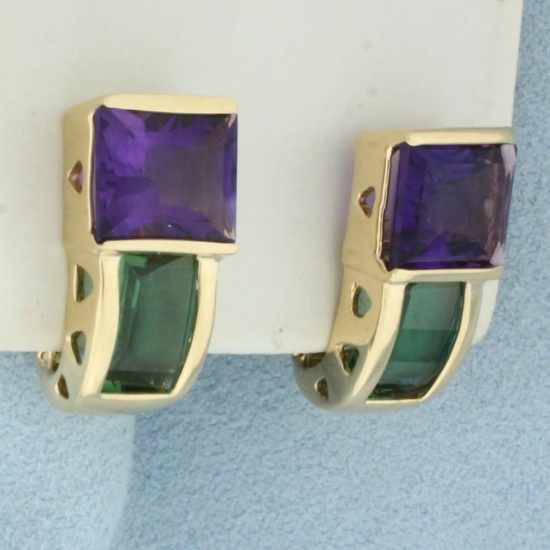 Amethyst And Green Tourmaline Earrings In 14k Yellow Gold