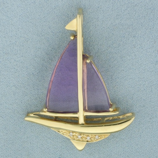 Amethyst And Diamond Sailboat Pendant In 14k Yellow Gold