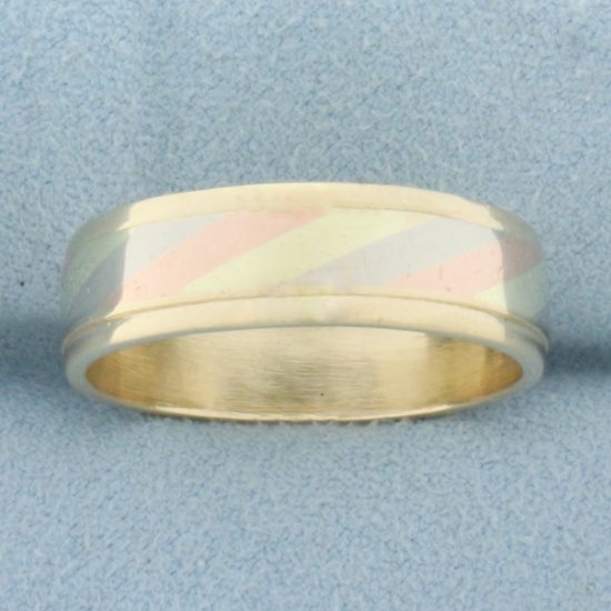 Mens Tri-color Striped Wedding Band Ring In 14k Yellow, Rose, And White Gold