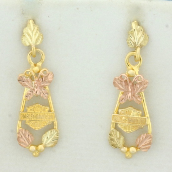 Harley Davidson Tri Color Butterfly Dangle Earrings In 10k Yellow, Green, And Rose Gold