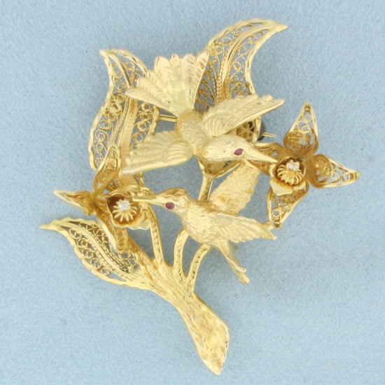 Hummingbirds And Flowers Ruby And Diamond Brooch In 14k Yellow Gold