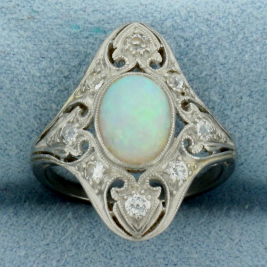 Antique Opal And Old European Diamond Filigree Ring In 18k White Gold