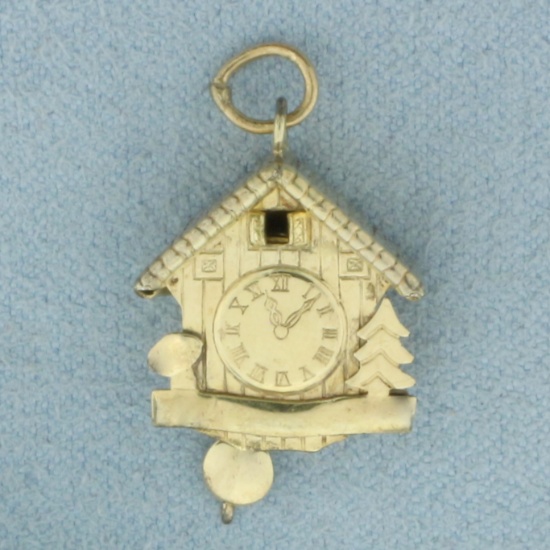 Vintage Mechanical Cuckoo Clock Charm In Gold Plated Silver