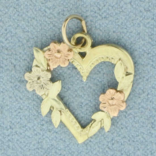 Tri-color Heart Flower Pendant Or Charm In 14k Yellow, Rose, And White Gold