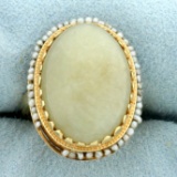 Antique Jade And Rotating Seed Pearl Ring In 14k Yellow Gold