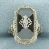 Antique Camphor Glass, Onyx, And Diamond Filigree Ring In 14k White Gold