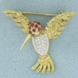 Hummingbird Diamond And Ruby Brooch In 18k Yellow Gold