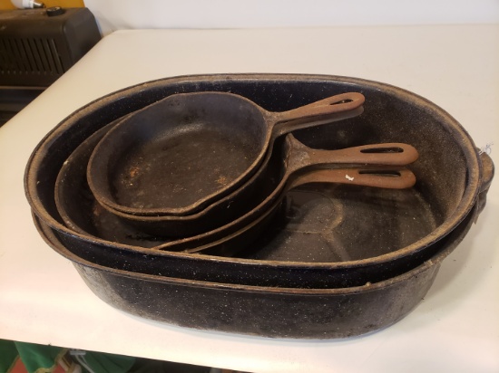 Steel roaster and 4 cast iron skillets