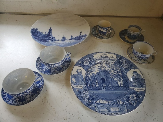 Lot of misc blue plates, saucers & cups
