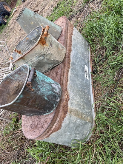 I steel farm water bin and three copper pieces
