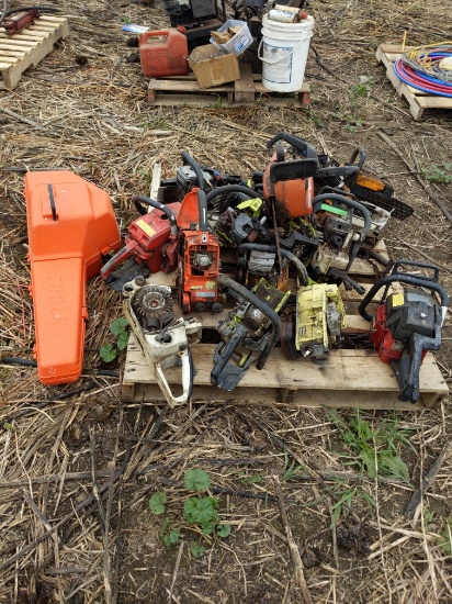 Pallet of misc chainsaws, chainsaw case