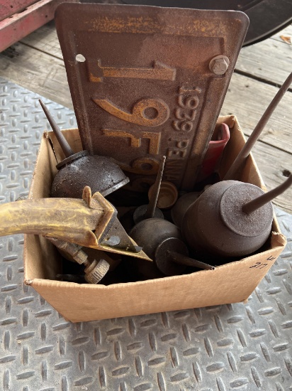 Box lot of antique oil cans