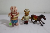 Japanese wind up toys - drumming bunny, cooking pig, and horse