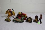 Assortment of tin wind up toys - Trademark Magic Action, Mar #3 car, tractor, police car, cowboy