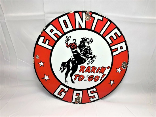 Frontier Gas "Rarin' To Go!" - 11.75",  porcelain sign