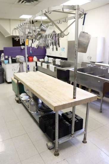 butcher block  prep table with pot rack and draw,