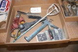 brushes, paint mixer, caulk gun, scraper