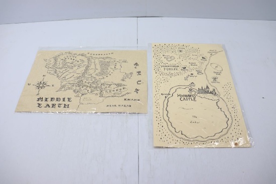 Hand drawn maps of Middle Earth and Hogwarts