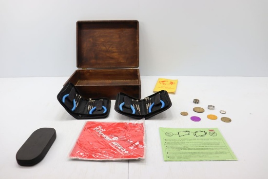 Wooden box, rings, tools, coins, misc.