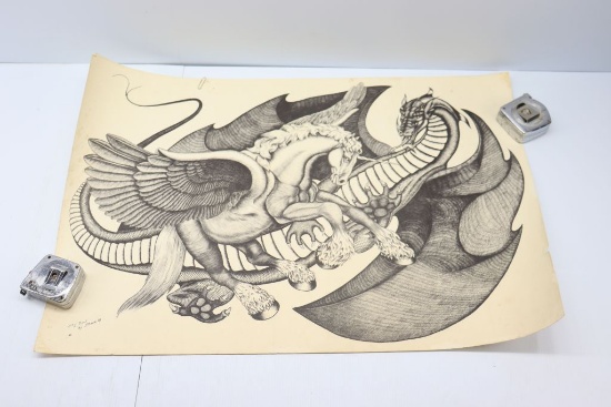 (2) Dragon charcoal drawings