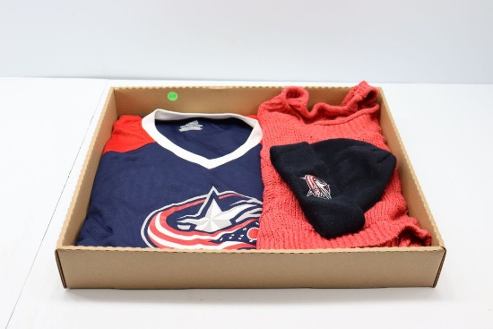 Red sweater and Columbus Blue Jackets clothes