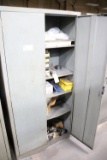 Metal storage cabinet w/ dowels, & misc.