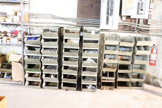 Industrial metal bins w/ clamps, nuts, bolts, & misc.