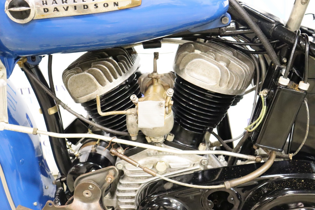 Right side profile view of the 1948 Harley-Davidson WL flathead motorcycle