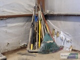 VARIOUS SHOP BROOMS, RAKES AND SHOVELS