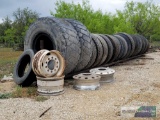 LOT OF (20) USED TIRES, (4) WHEELS AND TIRE RACK