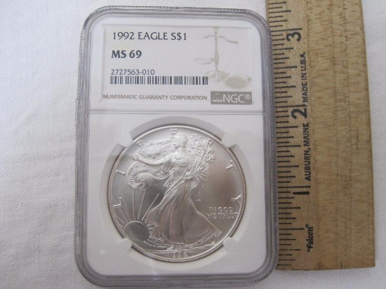 1992 Rated Eagle Silver Dollar Coin, 1 oz Fine Silver, graded MS 69 by NGC, 3 oz