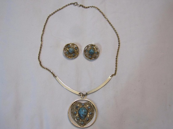 Necklace & Clip-On Earring Set, Gold Tone with Blue Stones, 5oz