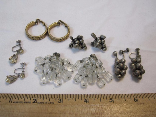 Vintage Costume Earrings, Mexican Silver Stamped Grapes (12.8g), Clear Glass beaded set and more,