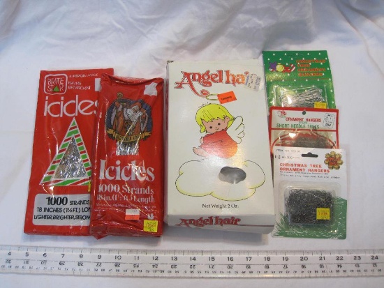 Vintage Christmas Decorations including Icicles/Tinsel, Angel Hair, and Christmas Tree Ornament