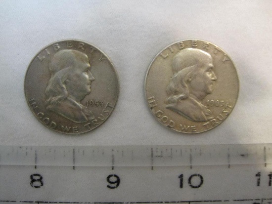 2 US Silver Coins Franklin Half Dollars from 1953-D & 1963, 25.0 g total weight