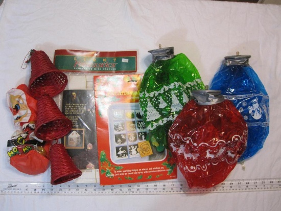 Lot of Christmas Decorations including Light Fantastics Luminaries with candles, Christmas Stencils,