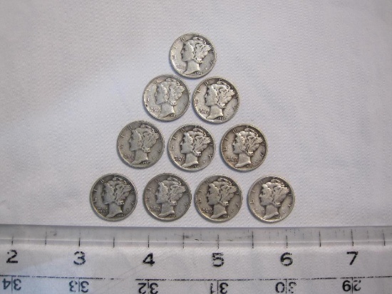 10 US Silver Coins Mercury Dimes from 1939-1944, including 1944-D, 24.4 g
