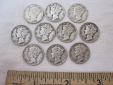 10 Mercury Dimes US Silver Coins from 1943-1945, including 1944-S, 24.5 g