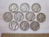 10 Mercury Dimes US Silver Coins from 1943-1944, including 2 1943-S and 1944-S, 24.5 g