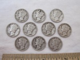 10 Mercury Dimes US Silver Coins from 1943, including 2 1943-D and 2 1943-S, 24.4 g