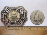 Ship Belt Buckle with Scrimshaw Carving Design and Ship Metal Medallion, 4 oz