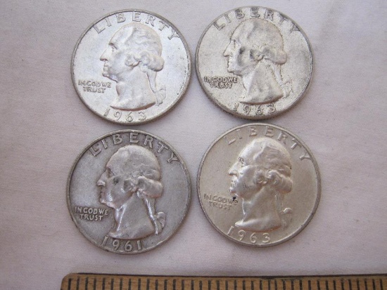 4 US Silver Coins Washington Quarters from 1961-3 including 1961-D & 1963-D, 24.6 g total weight