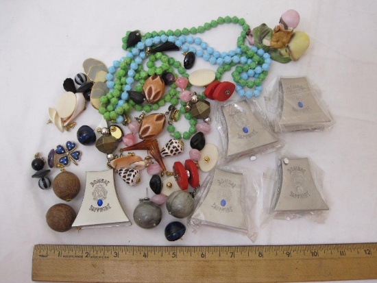 Lot of Assorted Costume Jewelry including Bombay Sapphire Clips, seashell pierced earrings, and