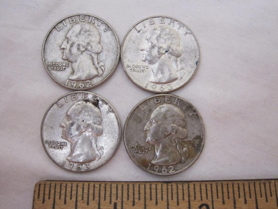 4 US Silver Coins Washington Quarters from 1962-3 including 2 1962-D & 1963-D, 24.8 g total weight